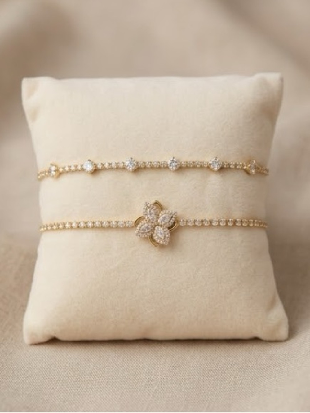 Set of 2 Gold tone Cubic Zirconia Crystal Flower Dainty Tennis Bracelet Jewelry